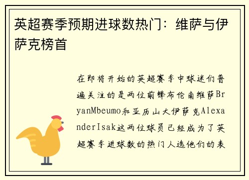 英超赛季预期进球数热门：维萨与伊萨克榜首